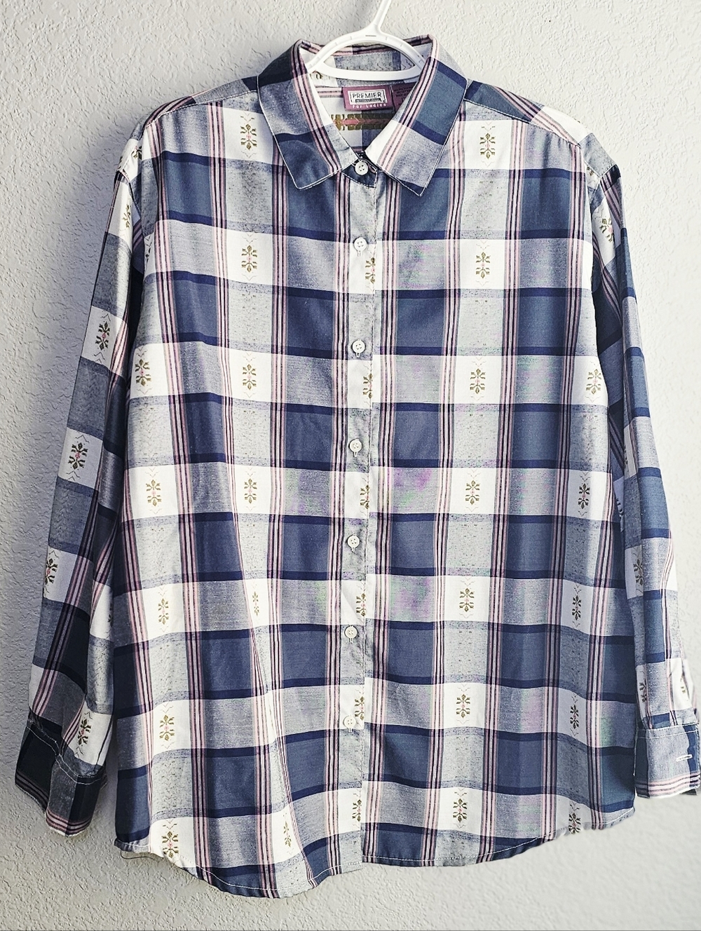 Vintage Style Embroidered Plaid Button Up Shirt Womens XL Blue Pink Cottagecore